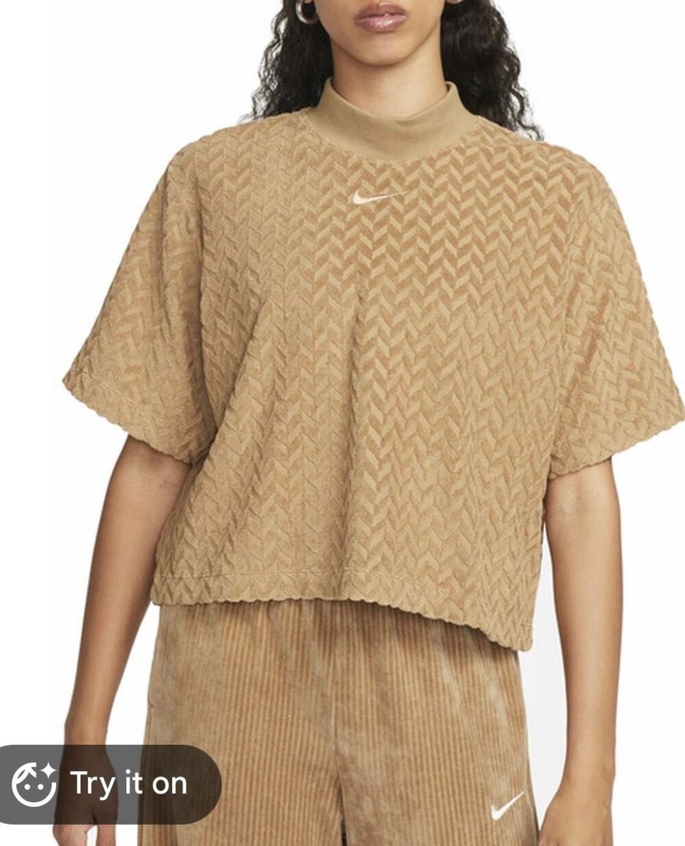 Nike Textured Terry Mock Neck Short Sleeve Top Chevron Swoosh XL